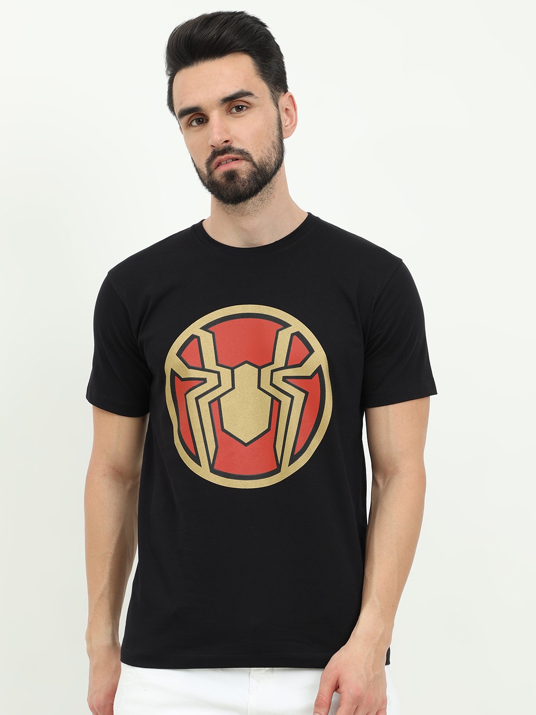 

COOFT Men Black Spider-Man Printed Pure Cotton T-shirt