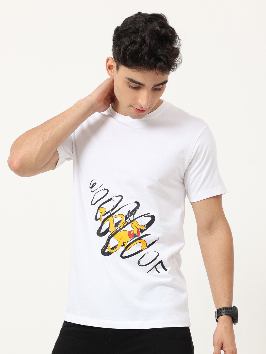 

COOFT Men White Printed Pure Cotton Raw Edge T-shirt