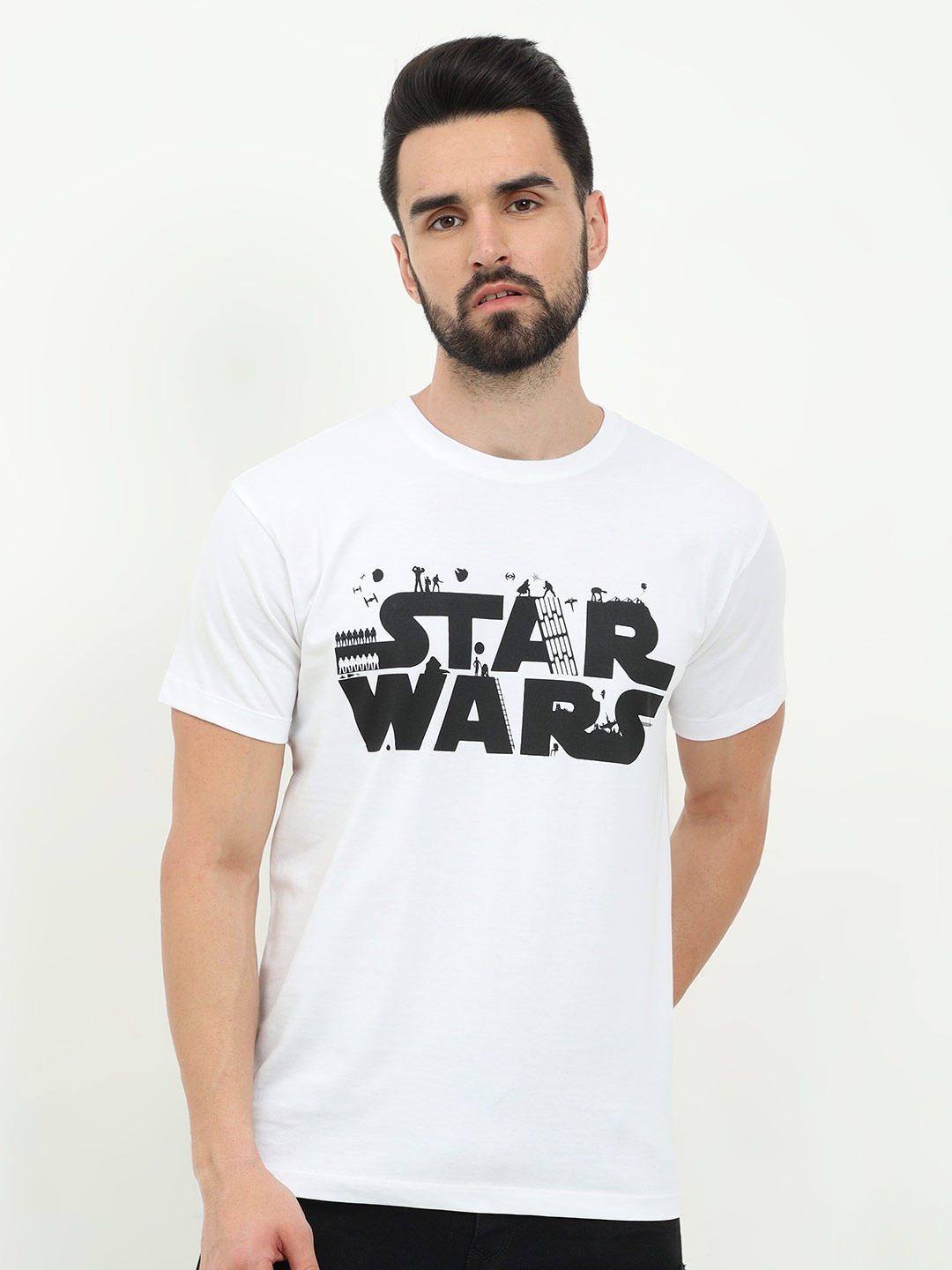 

COOFT Men White Star Wars Printed Pure Cotton T-shirt