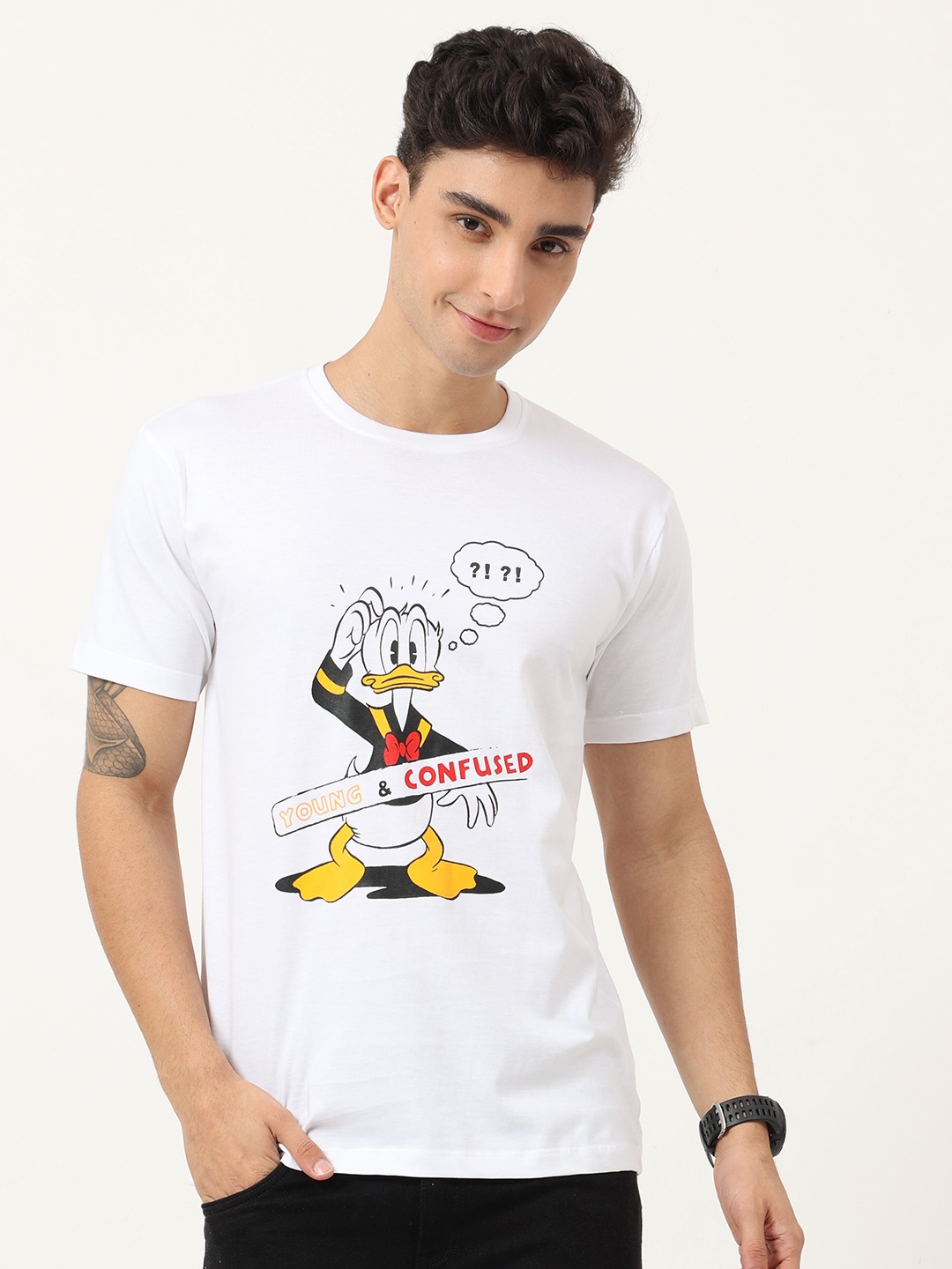 

COOFT Men White Donald Duck Printed Pure Cotton T-shirt