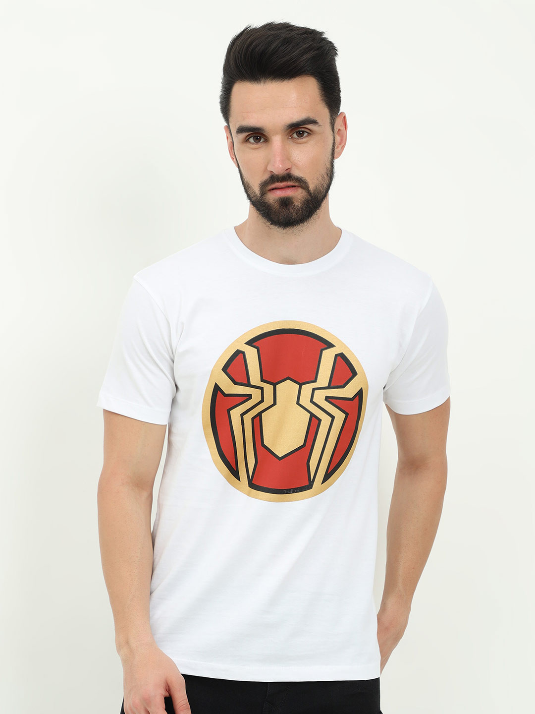 

COOFT Men White Typography Spider-Man Printed Pure Cotton T-shirt