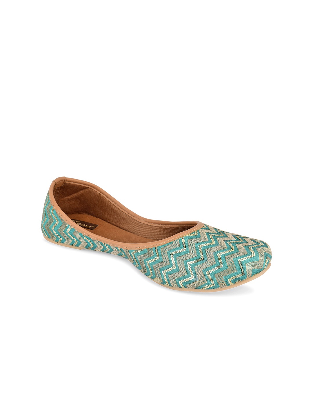 

DESI COLOUR Women Sea Green Embellished Ethnic Mojaris with Embroidered Flats