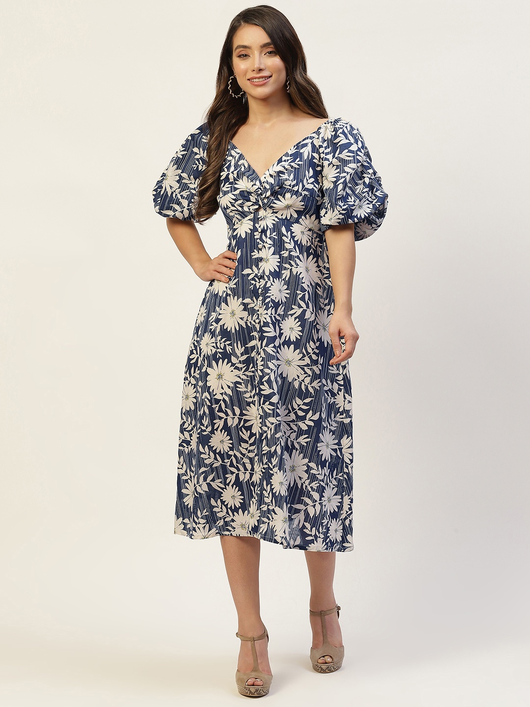 

Rue Collection Navy Blue & Off White Floral Midi Dress