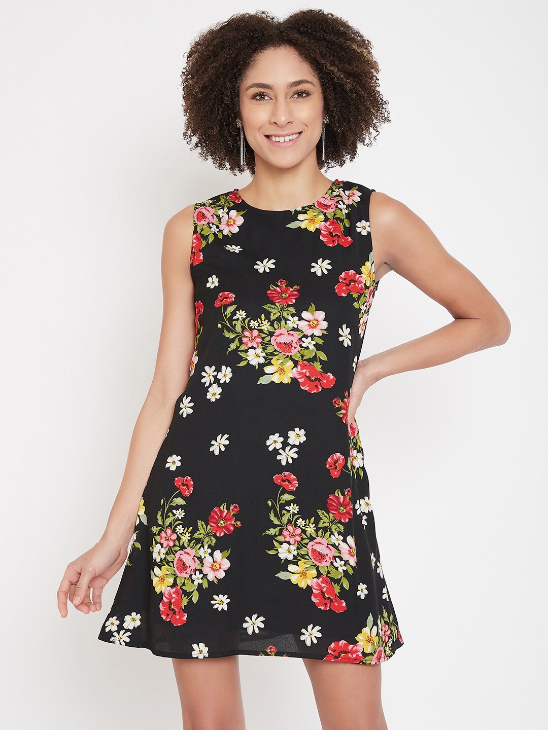 

La Zoire Women Black Floral Printed Georgette A-Line Dress