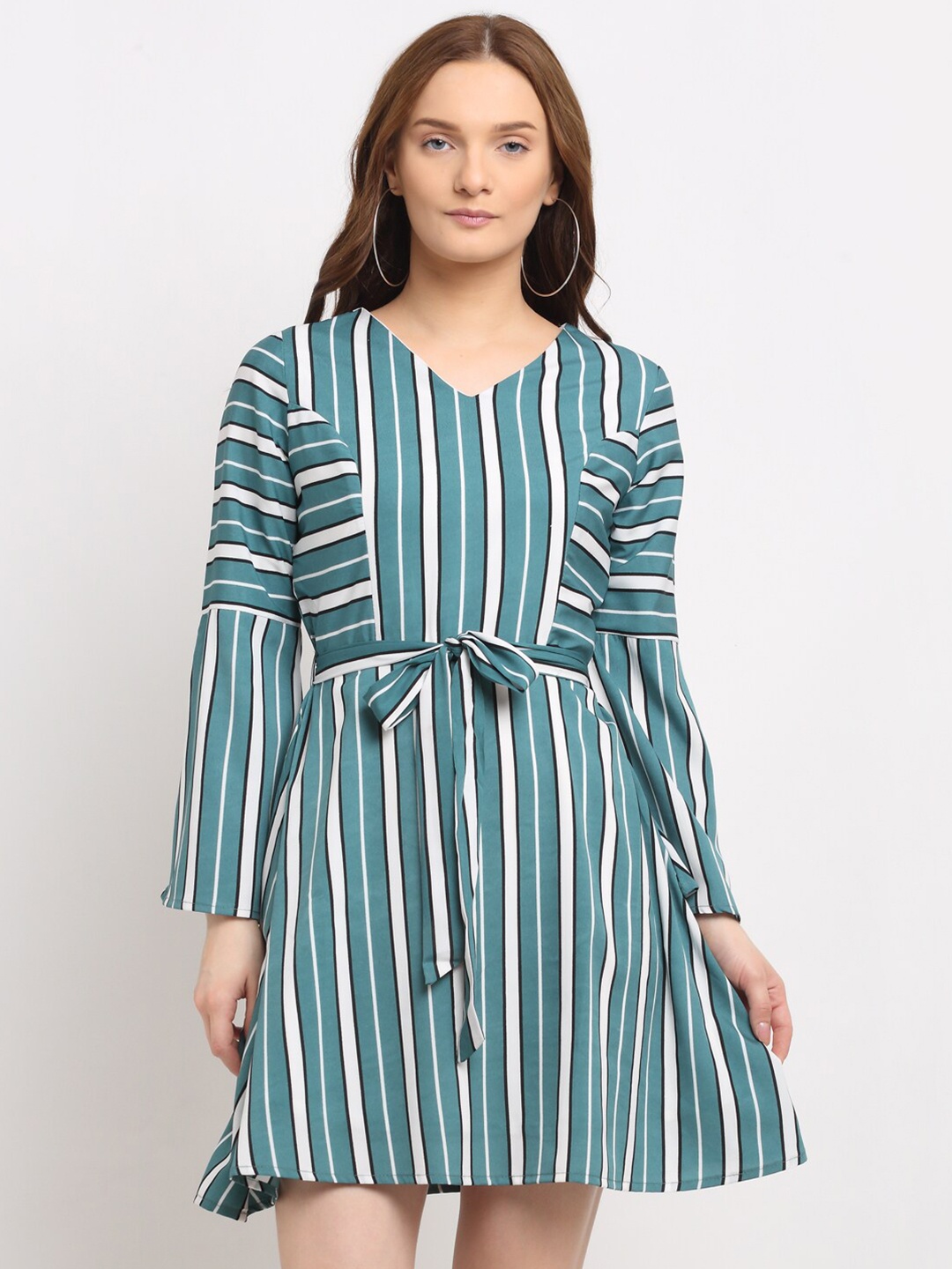 

La Zoire Teal & White Striped Crepe A-Line Dress