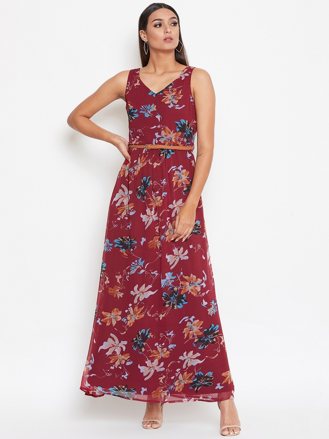 

La Zoire Maroon Floral Georgette Maxi Dress