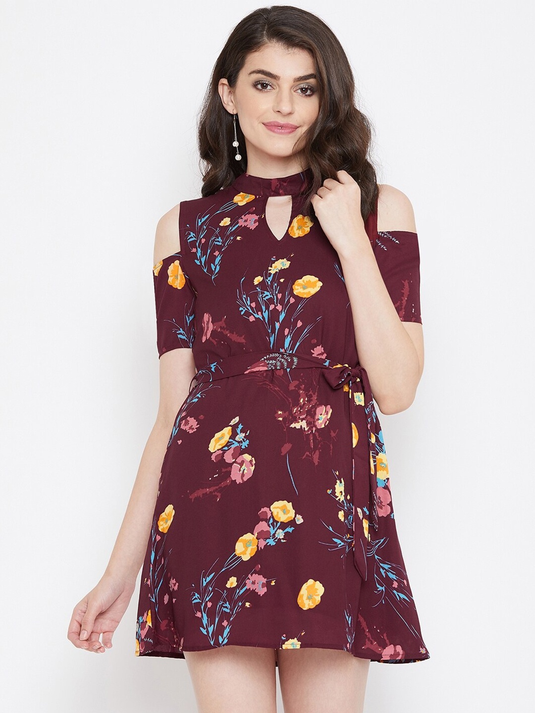 

La Zoire Women Maroon Floral Keyhole Neck Georgette Dress