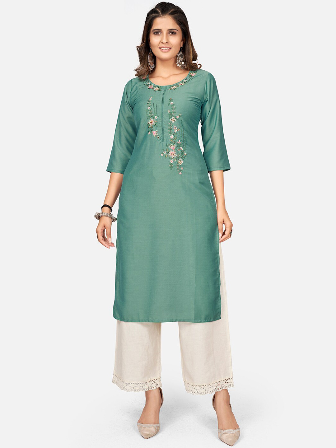 

Vbuyz Women Sea Green Floral Embroidered Thread Work Kurta