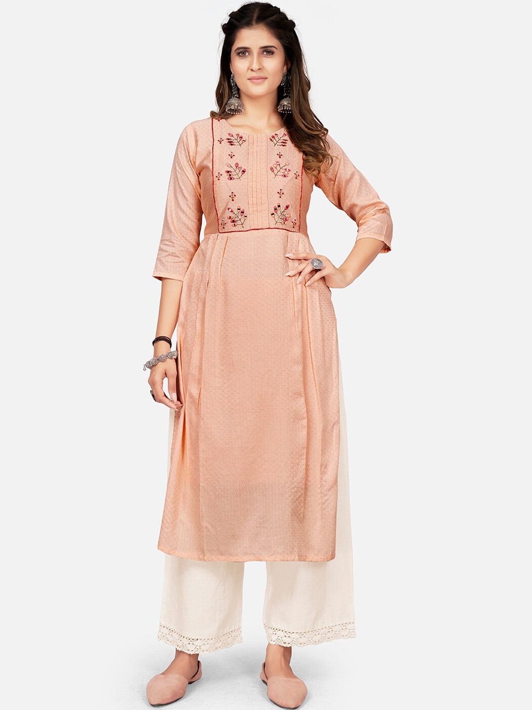 

Vbuyz Women Peach-Coloured Floral Yoke Design Mirror Work Chanderi Silk Kurta