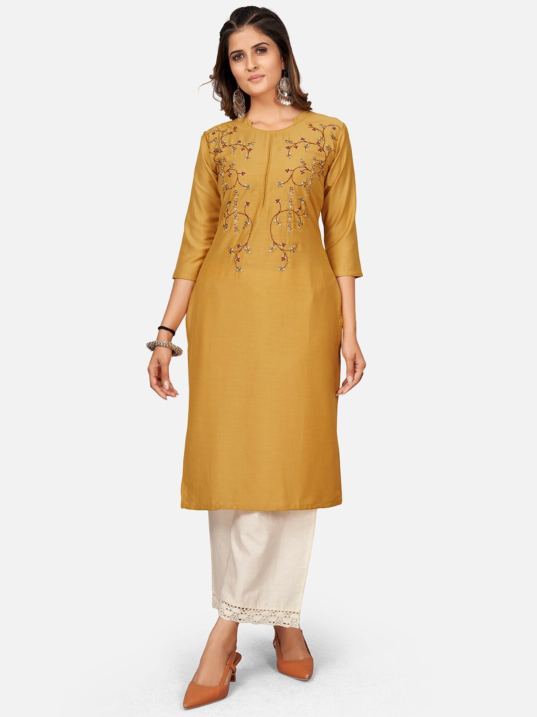 

Vbuyz Women Mustard Yellow Floral Embroidered Kurta