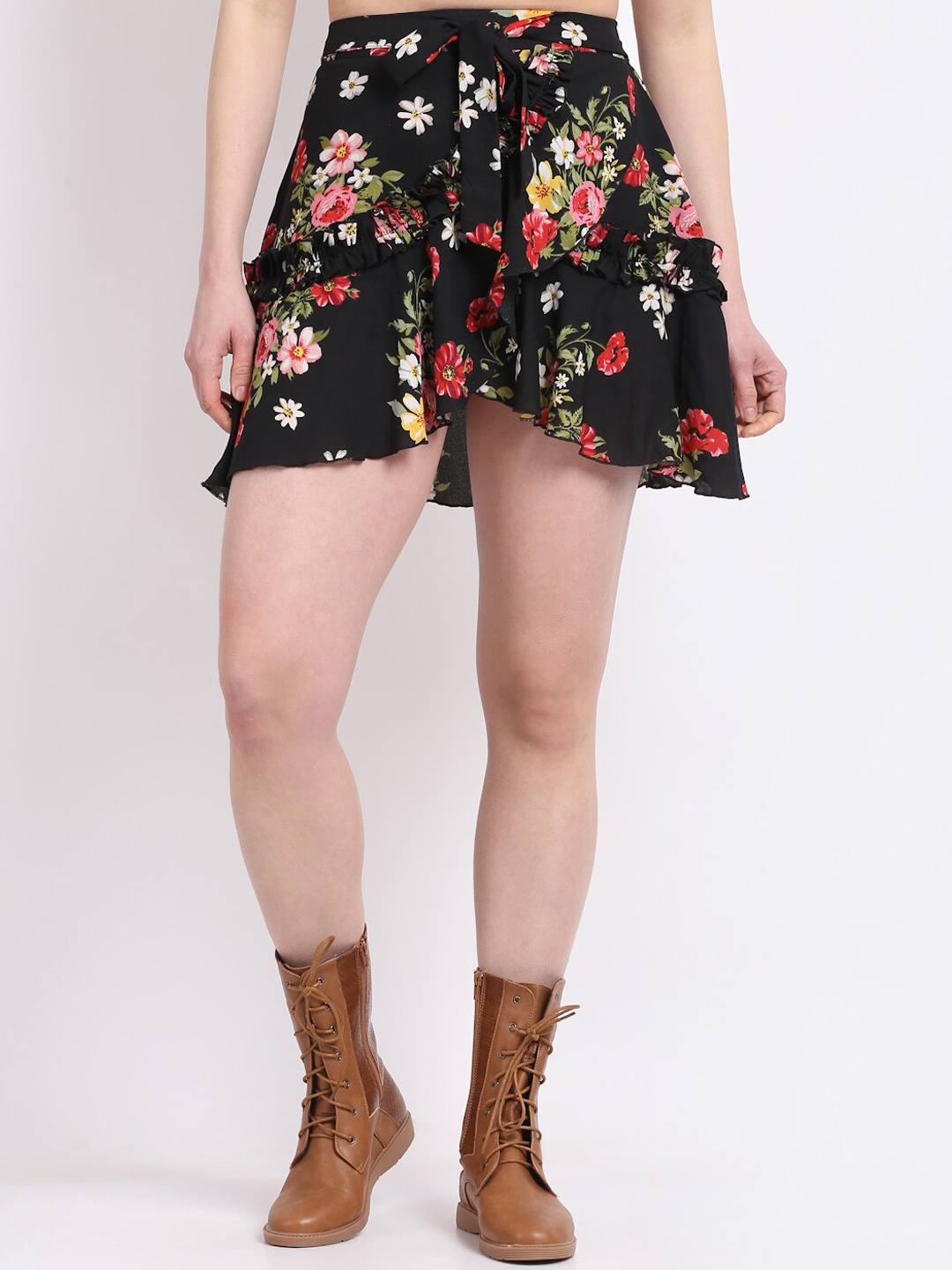 

La Zoire Women Black Floral Printed Mini Wrap Skirt
