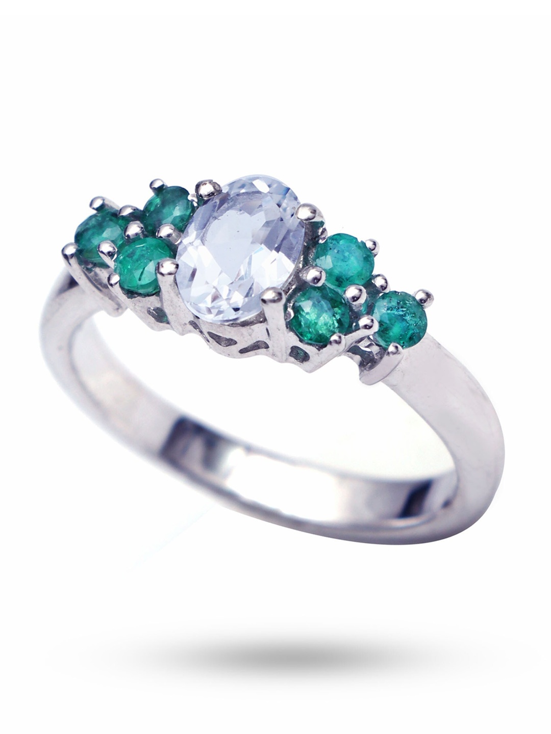 

HIFLYER JEWELS Rhodium-Plated Green Stone Studded Sterling Silver Ring