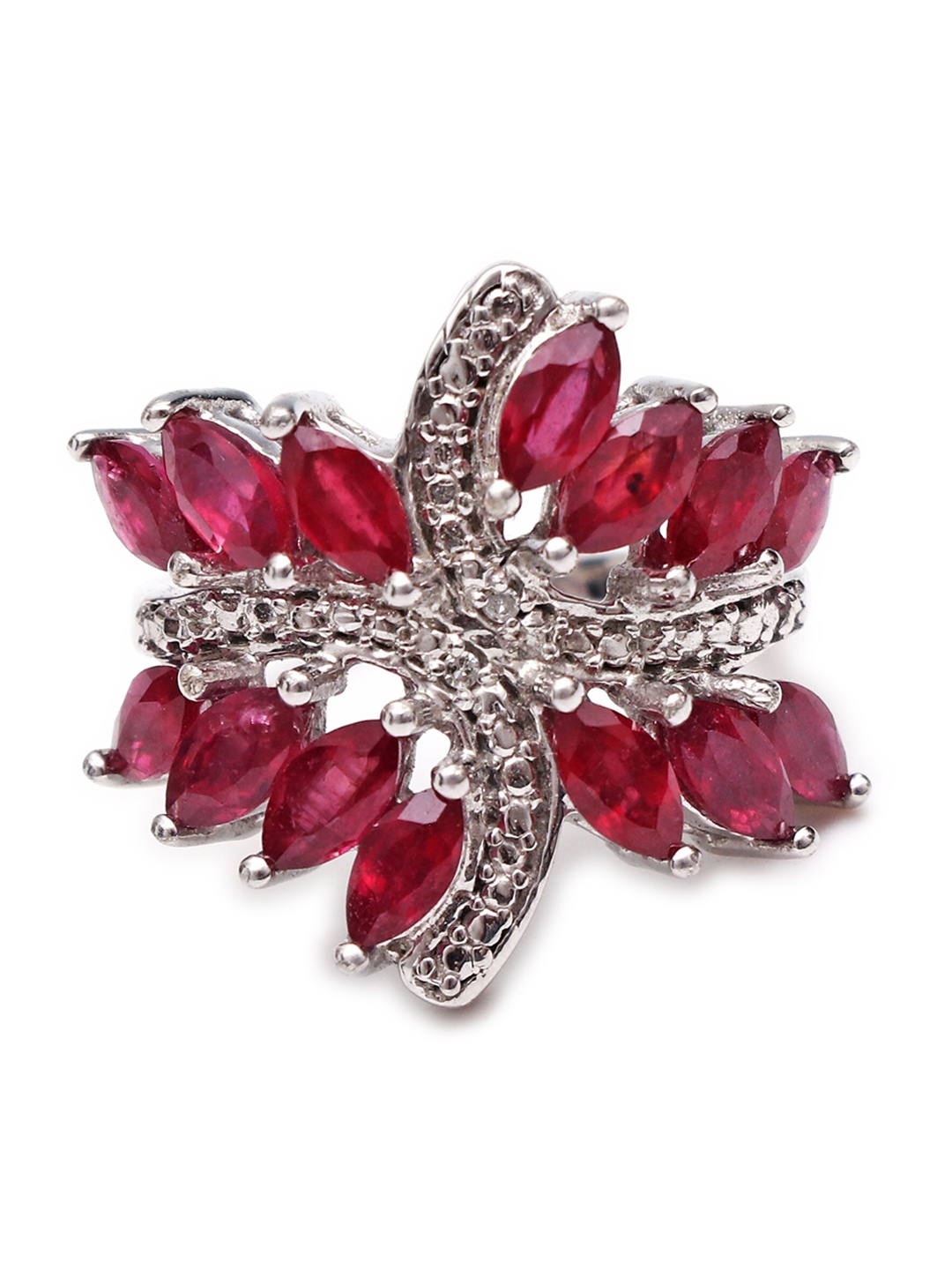 

HIFLYER JEWELS Rhodium-Plated 925 Sterling Silver & Red Stone Studded Finger Ring