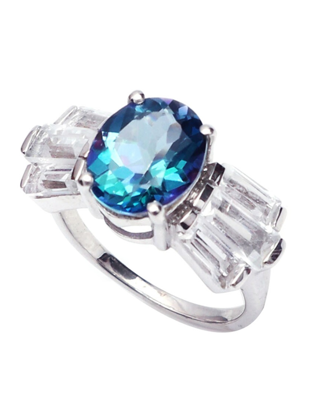 

HIFLYER JEWELS Women 925 Sterling Silver Rhodium-Plated Blue Gemstone -Studded Finger Ring