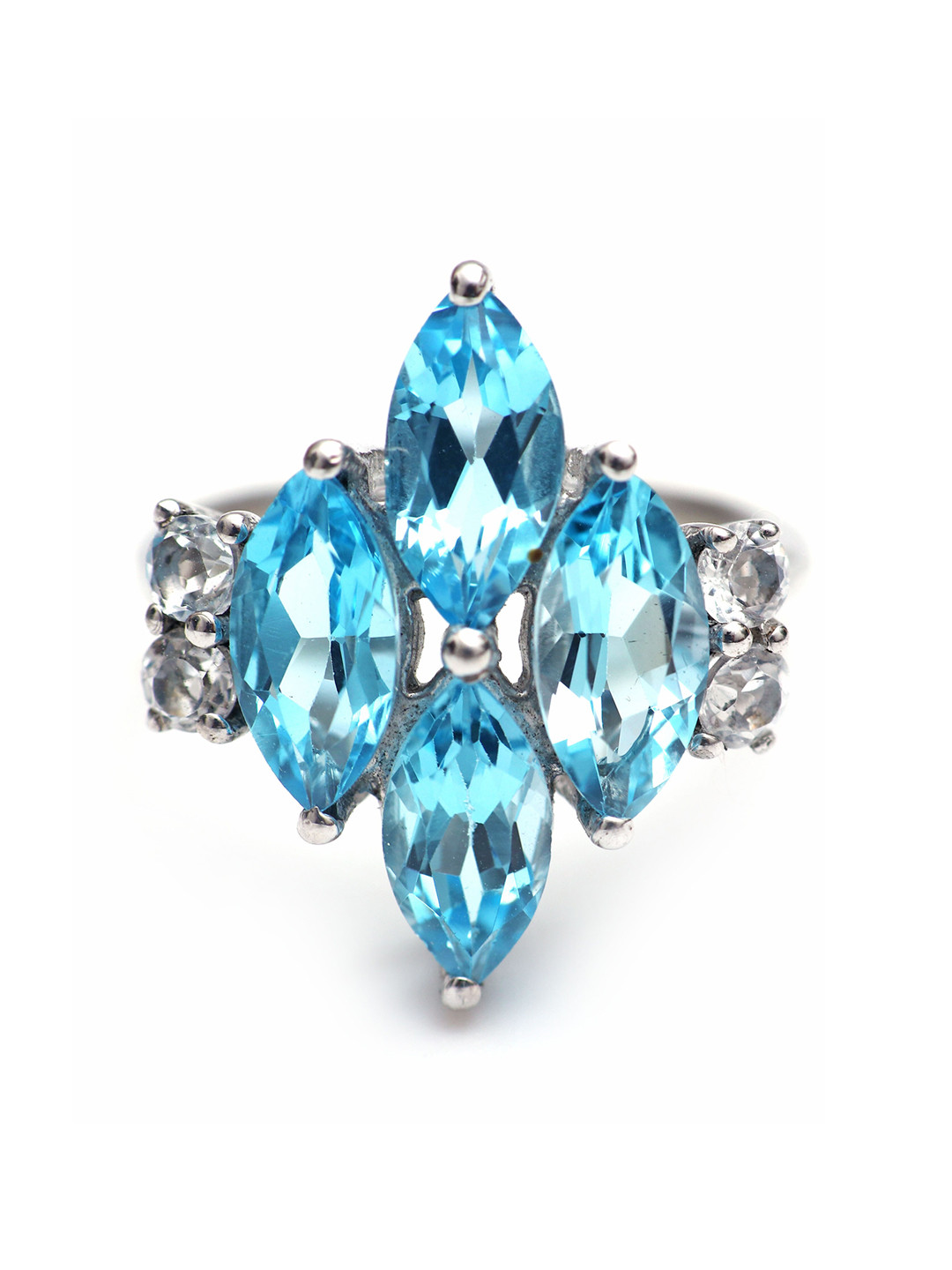 

HIFLYER JEWELS 92.5 Sterling Silver Rhodium-Plated Blue & White Topaz Gemstone Studded Antique Finger Ring