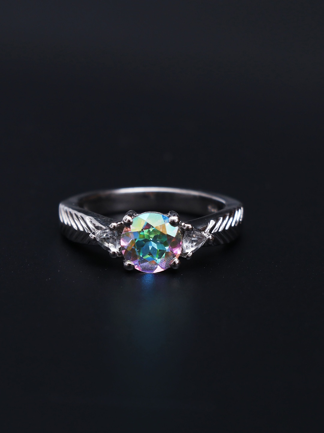 

HIFLYER JEWELS Rhodium-Plated Purple & Green Topaz Gemstones Studded Ring, Silver