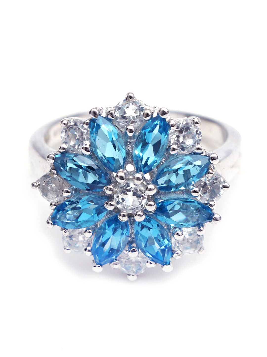 

HIFLYER JEWELS 925 Sterling Silver-Plated White & Blue Stone-Studded Finger Ring