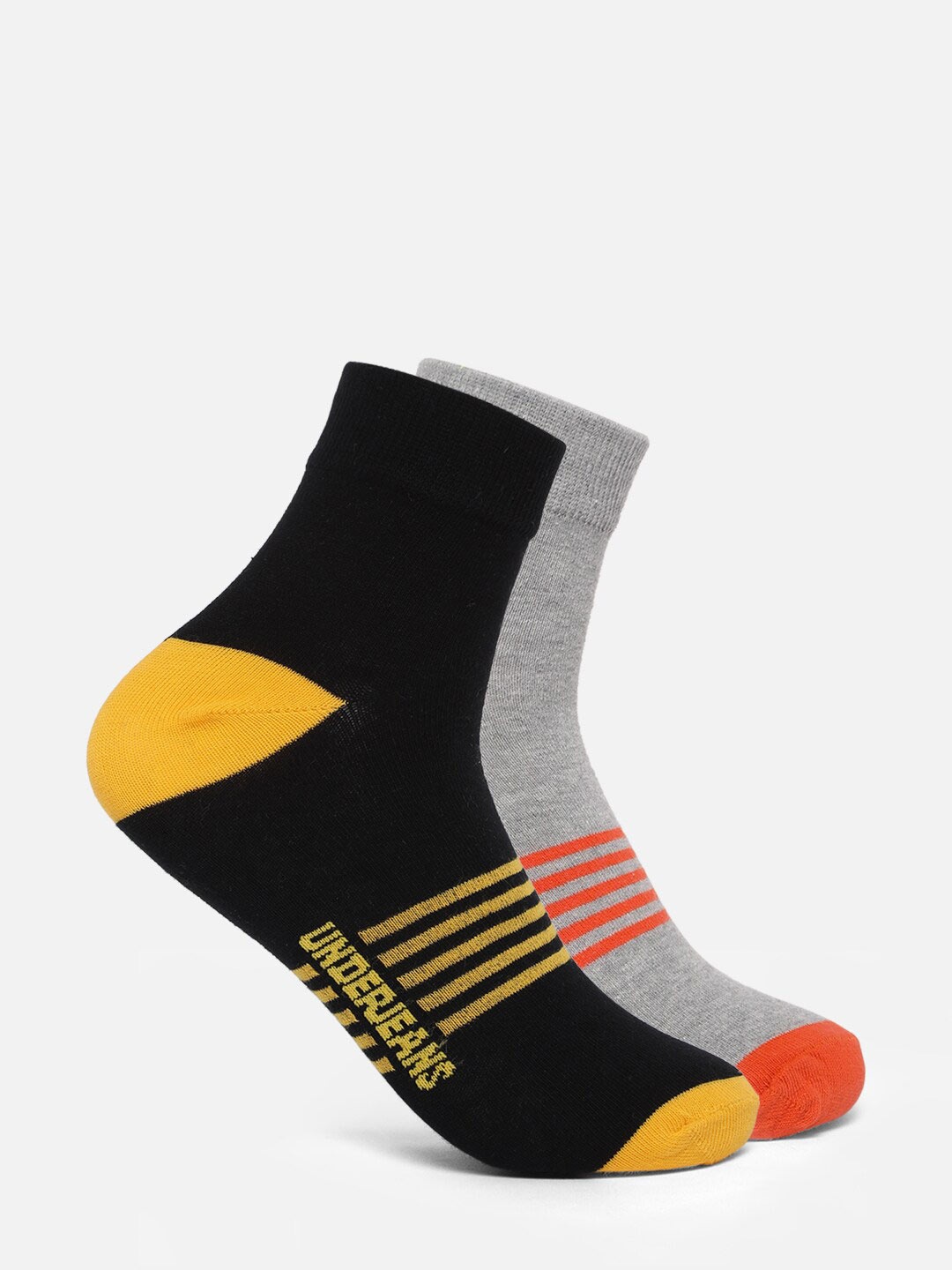 

Underjeans Men Black & Grey Pack of 2 Cotton Striped Ankle length (Non terry) Socks