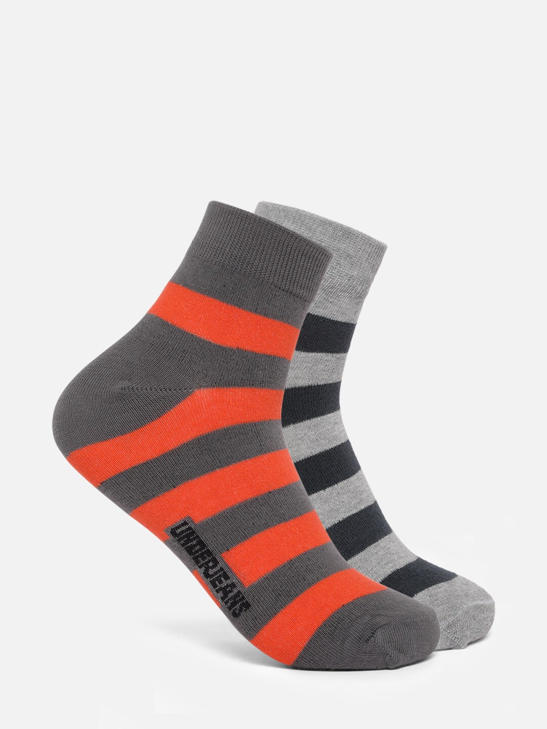 

UnderJeans by Spykar Men Pack Of 2 Assorted Striped Ankle Length Cotton Socks, Grey
