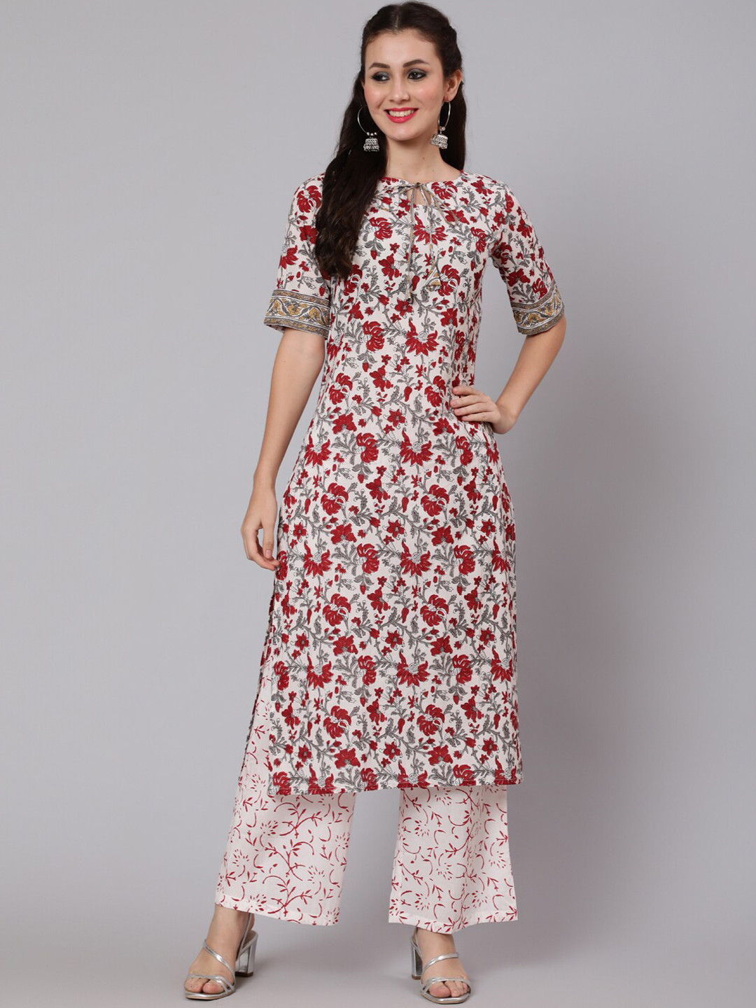 

Nayo Women Off White & Red Printed Pure Cotton Kurti with Trousers