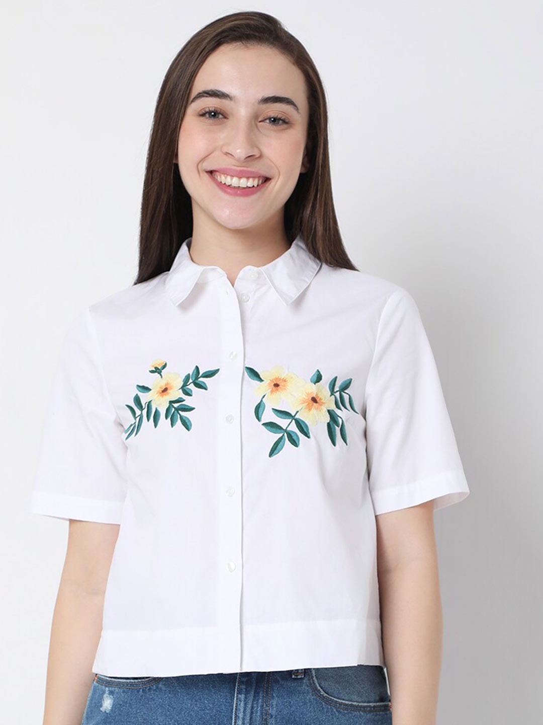 

Vero Moda Women White Floral Embroidered Casual Crop Shirt
