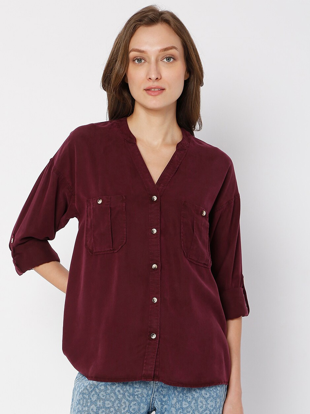 

Vero Moda Maroon Roll-Up Sleeves Shirt Style Top