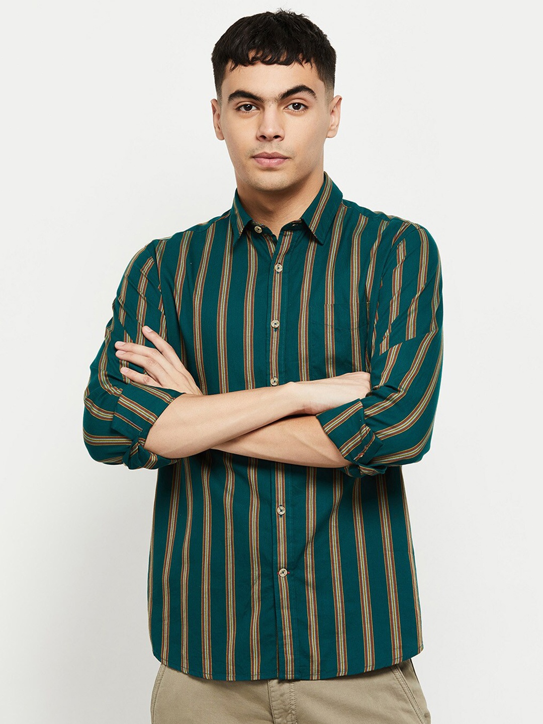 

max Men Green Striped Cotton Casual Shirt