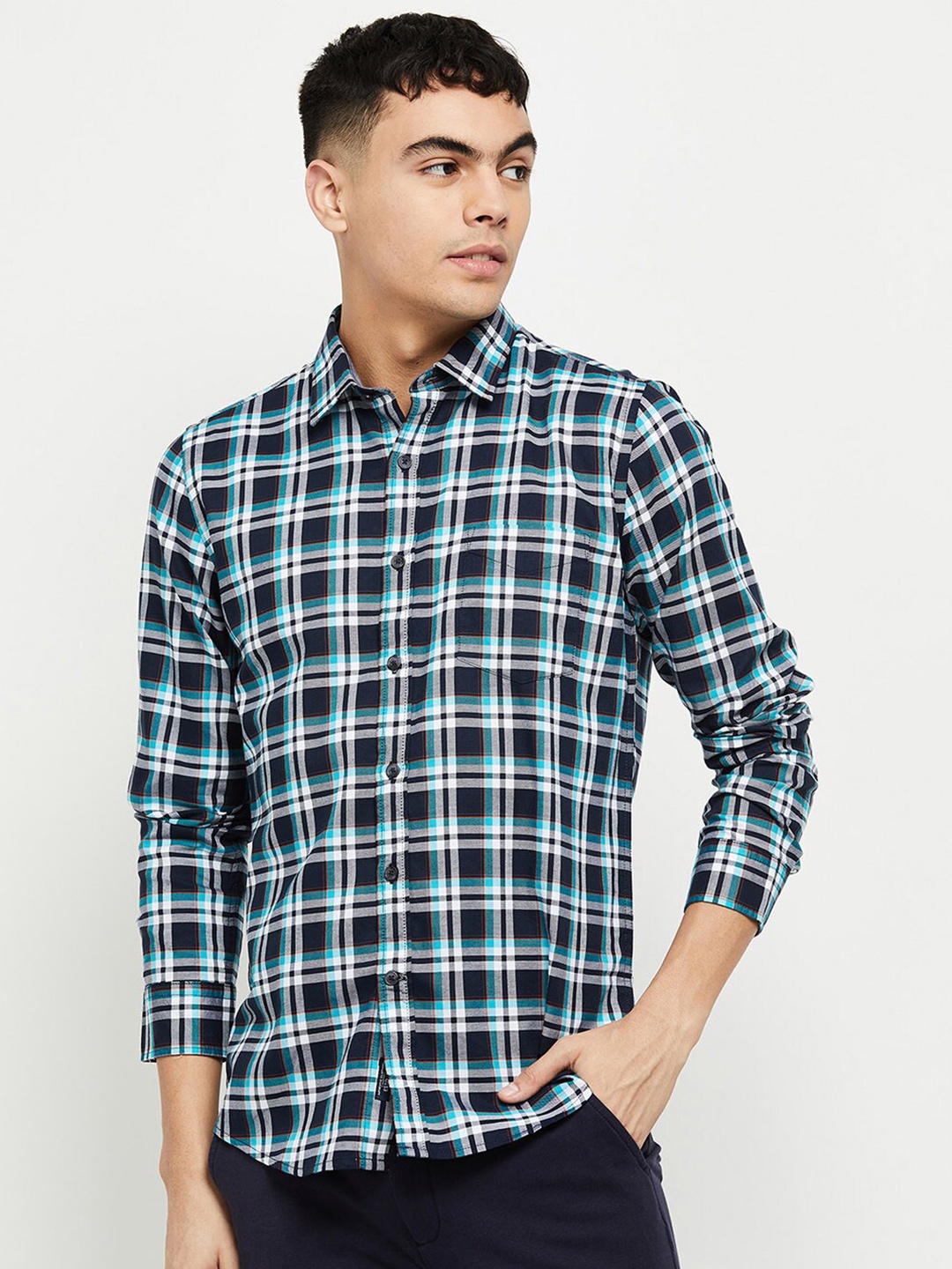 

max Men Blue Tartan Checked Cotton Casual Shirt