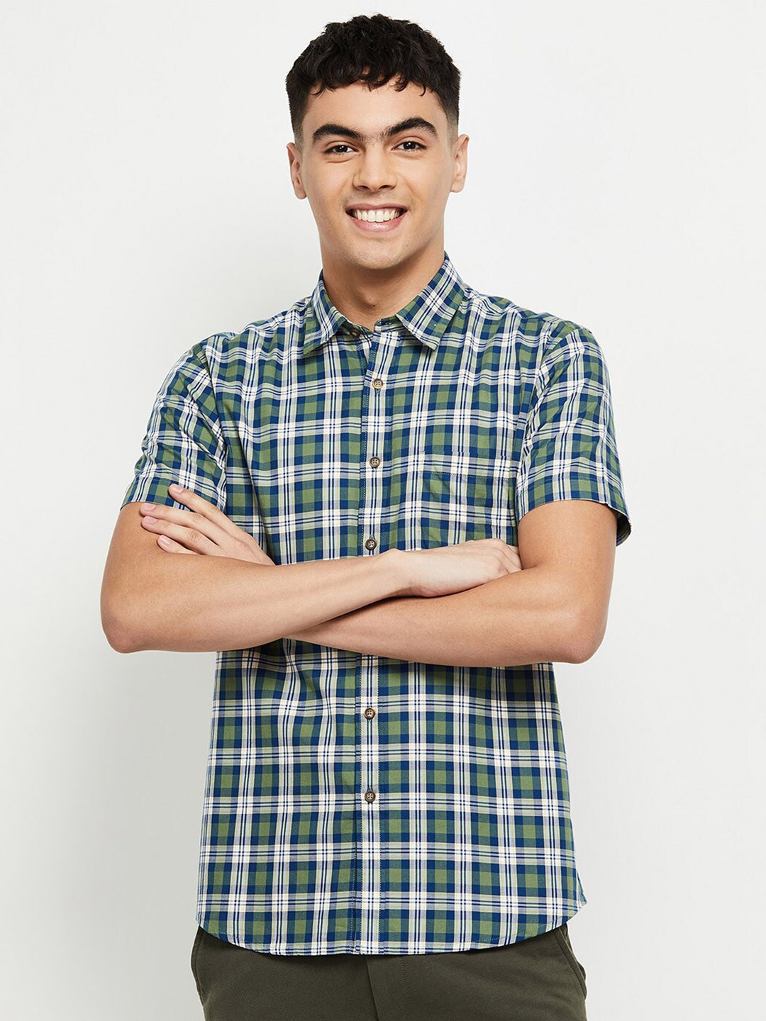 

max Men Green Tartan Checks Checked Casual Shirt