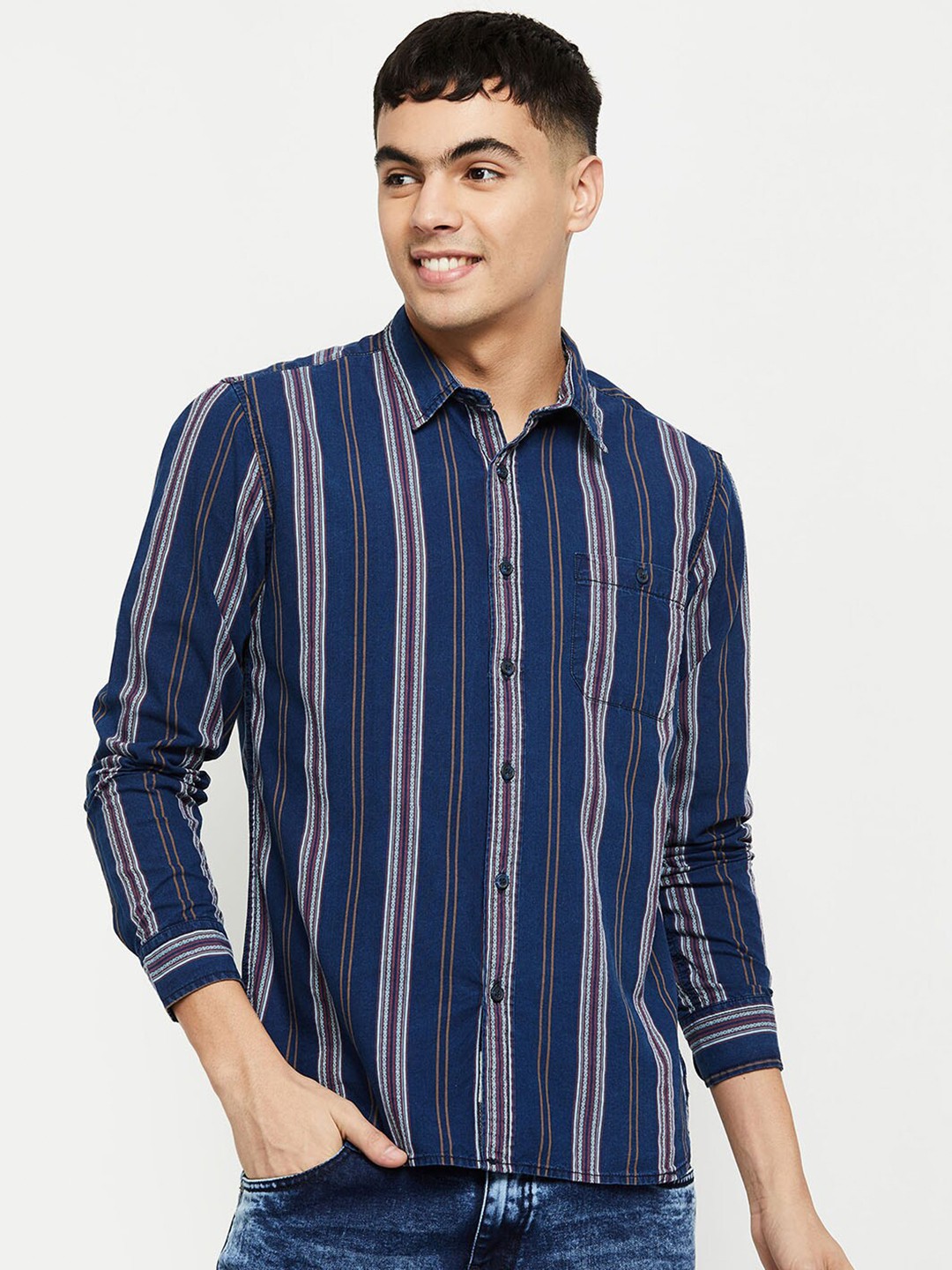 

max Men Blue Striped Pure Cotton Casual Shirt