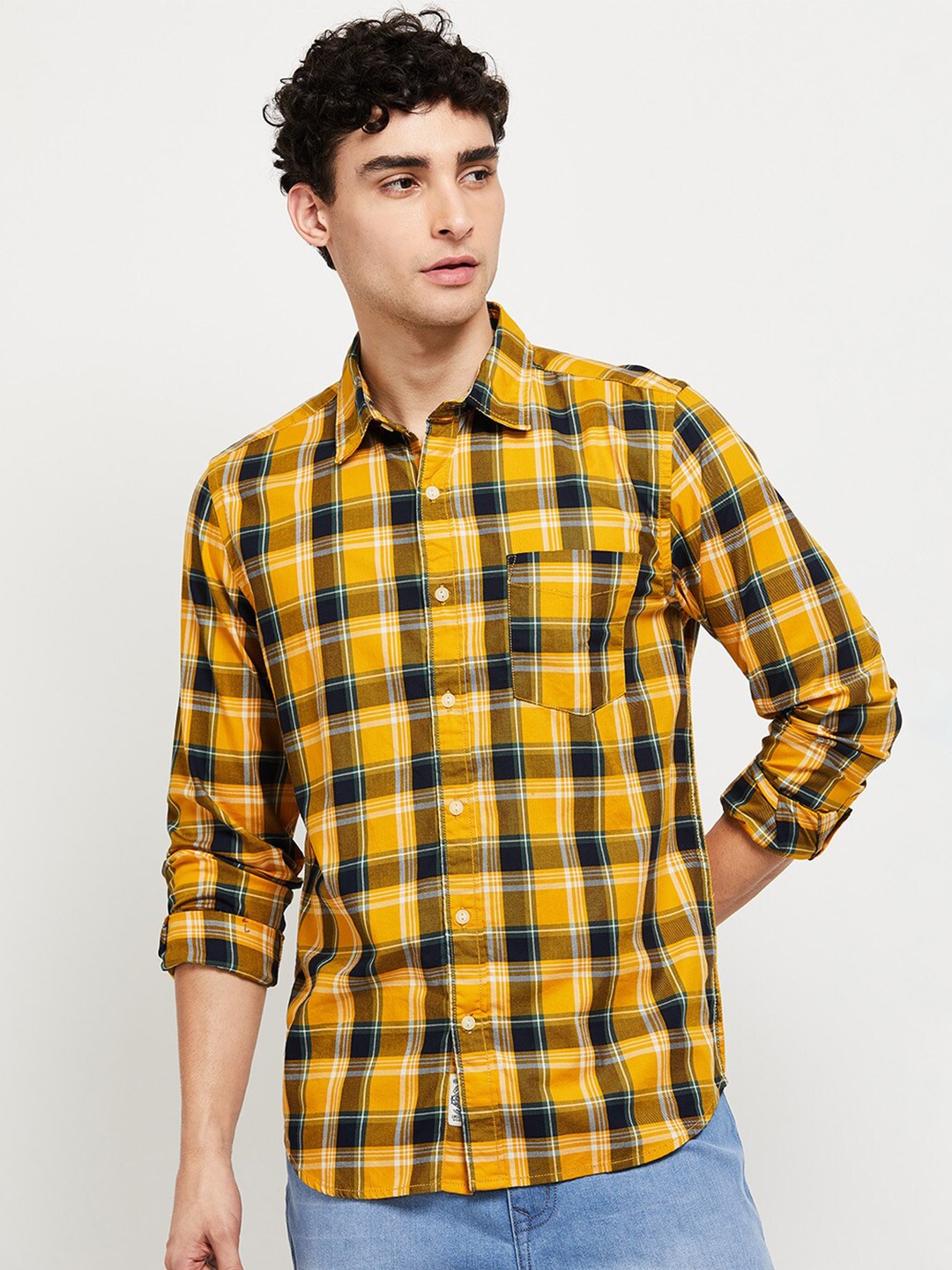 

max Men Yellow & Black Checked Cotton Casual Shirt