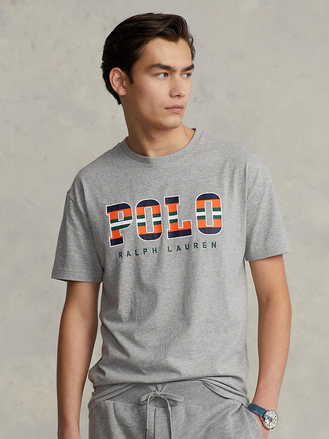 

Polo Ralph Lauren Men Grey Melange Brand Logo Printed T-shirt