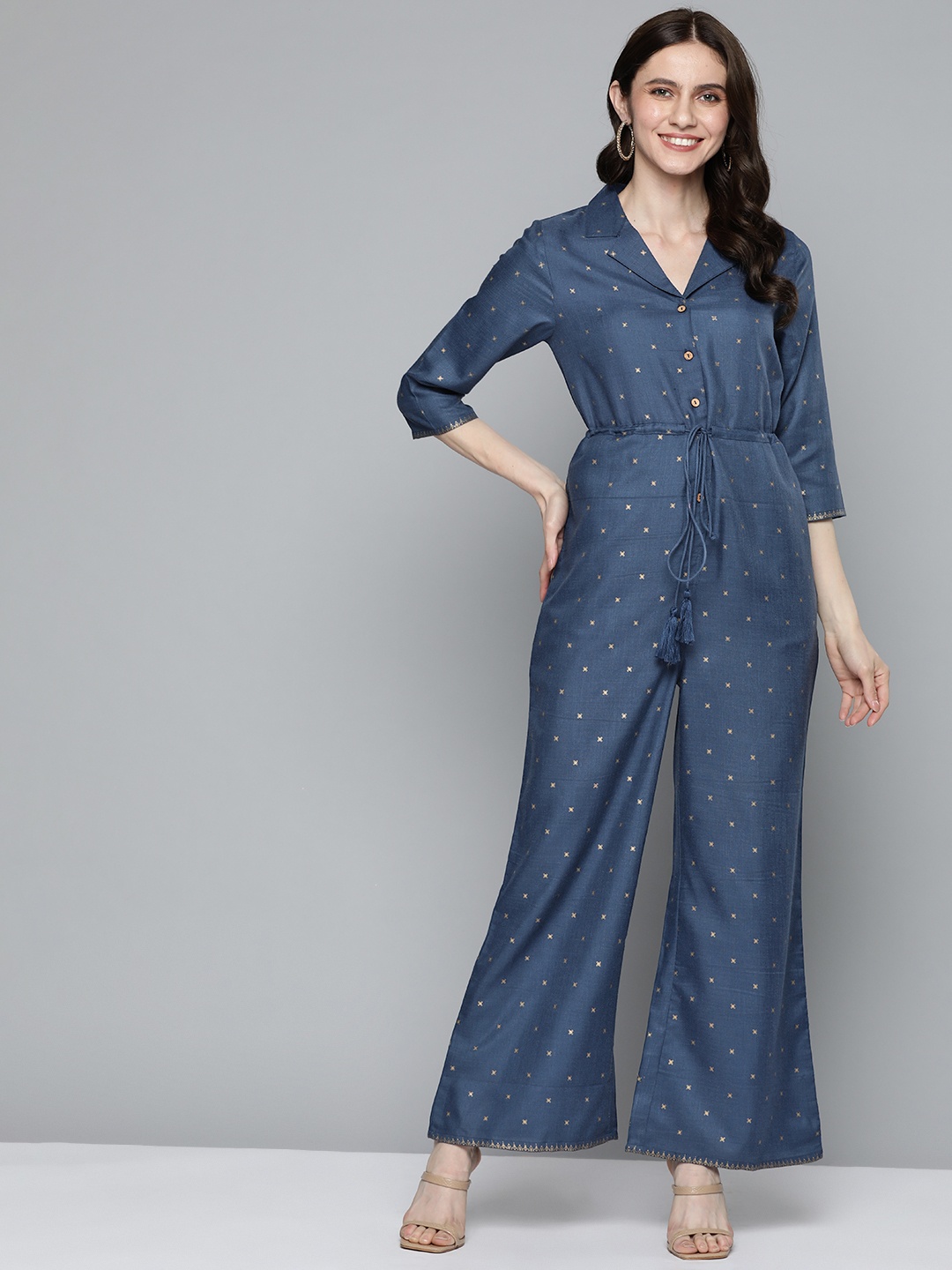 

HERE&NOW Geometric Printed Flared Leg Jumpsuit, Navy blue