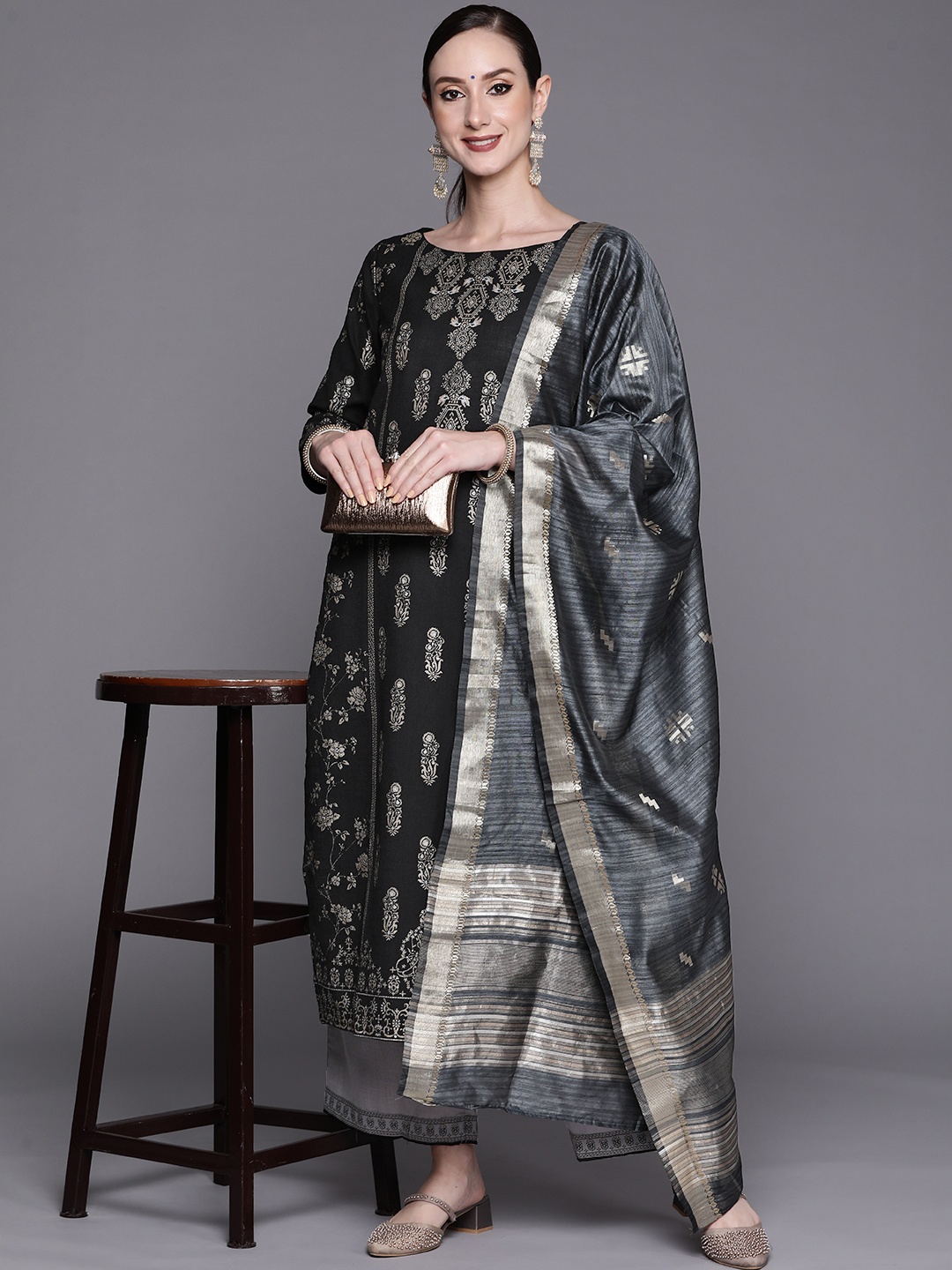 

Indo Era Women Black & Grey Ethnic Motifs Printed Kurta with Palazzos & Dupatta