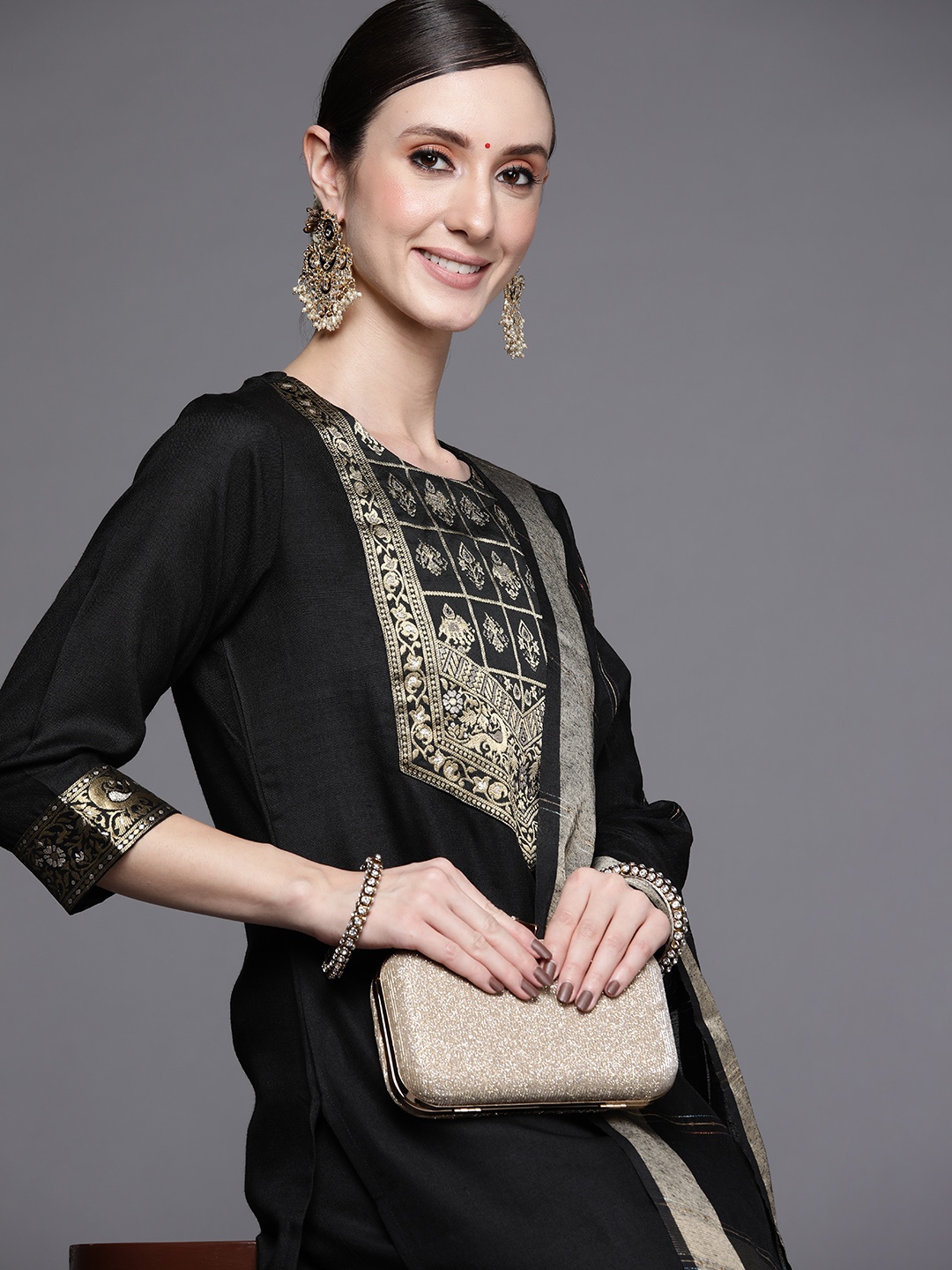 

Indo Era Women Black Yoke Design Kurta with Palazzos & Dupatta