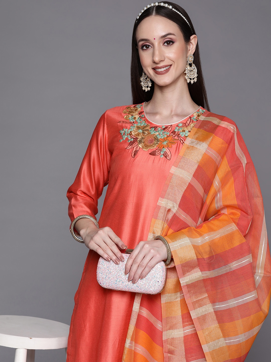 

Indo Era Women Red Embroidered Liva Kurta with Palazzos & Dupatta