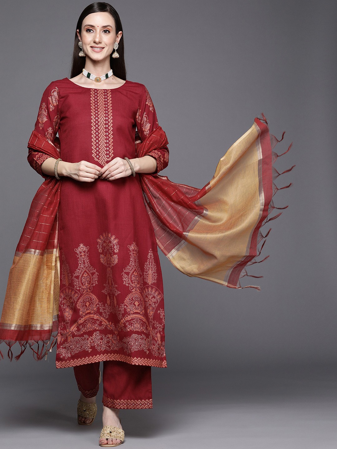 

Indo Era Women Maroon Ethnic Motifs Printed Foil Kurta with Palazzos & Dupatta