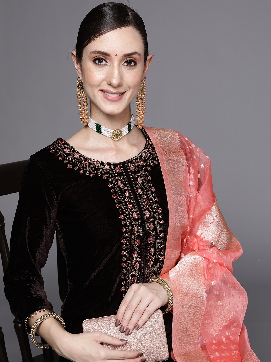 

Indo Era Women Brown Ethnic Motifs Embroidered Velvet Kurta with Palazzos & Dupatta