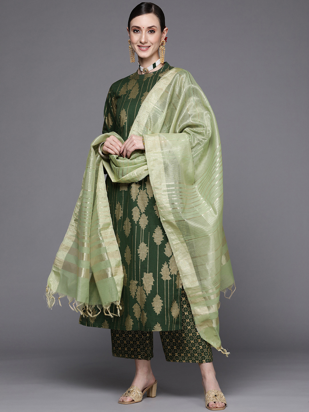 

Indo Era Women Green Printed Foil Pure Cotton Kurta with Palazzos & Dupatta