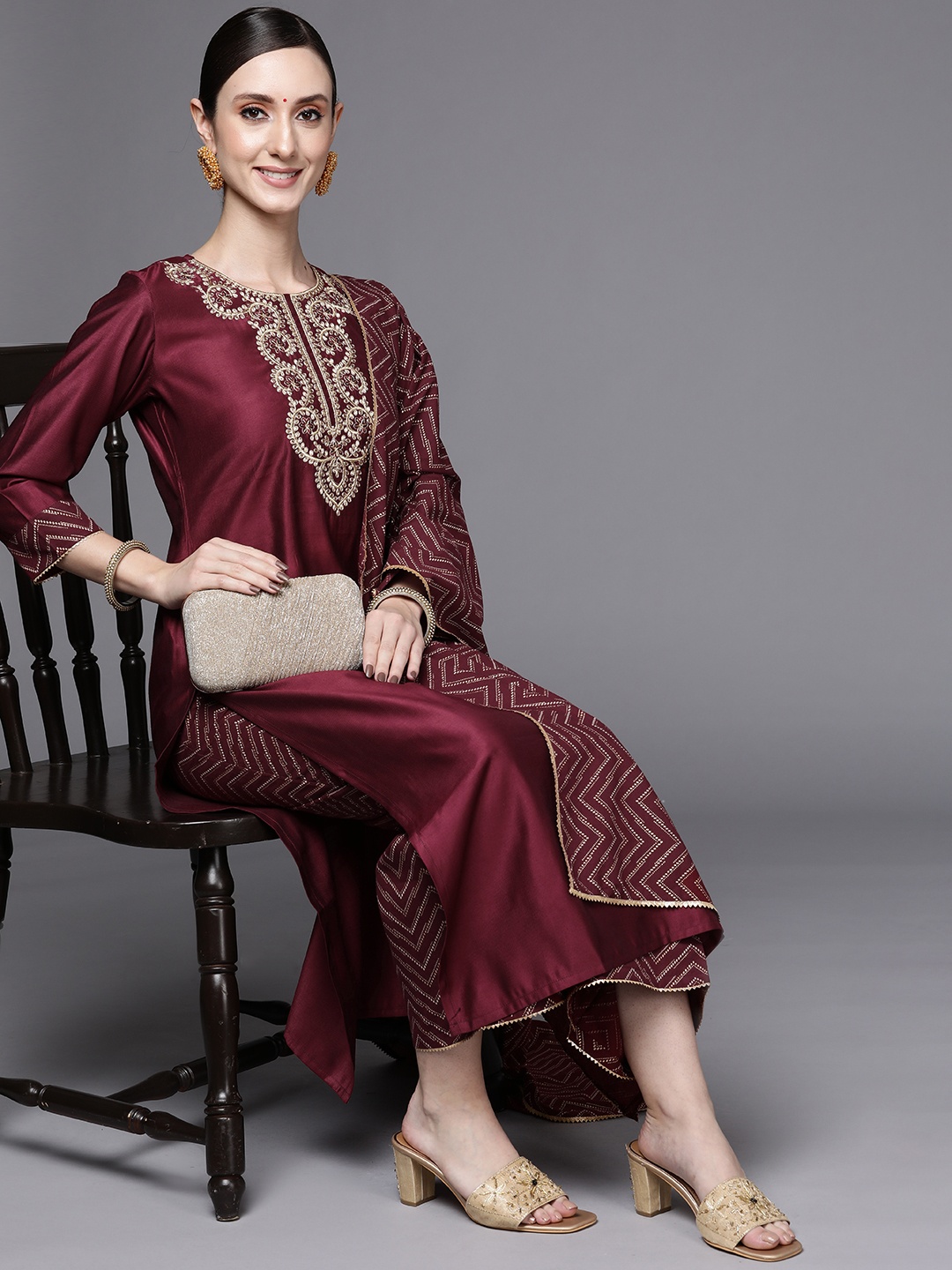 

Indo Era Women Magenta Ethnic Motifs Embroidered Liva Kurta with Palazzos & Dupatta