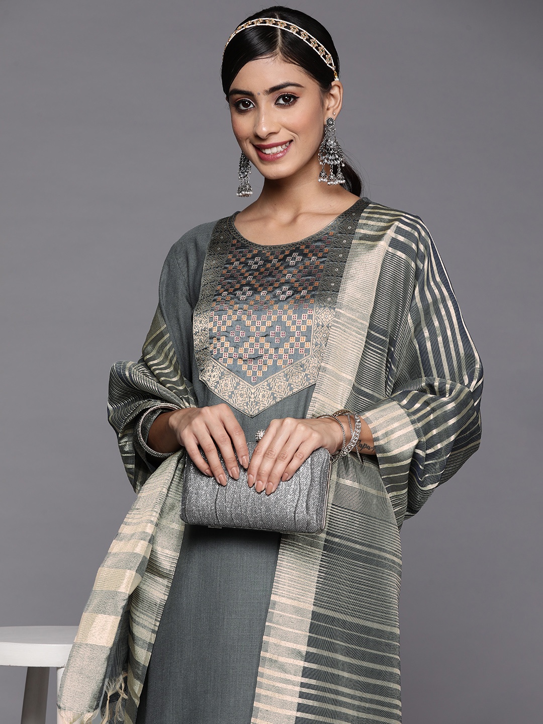 

Indo Era Women Grey Yoke Design Kurta with Palazzos & With Dupatta