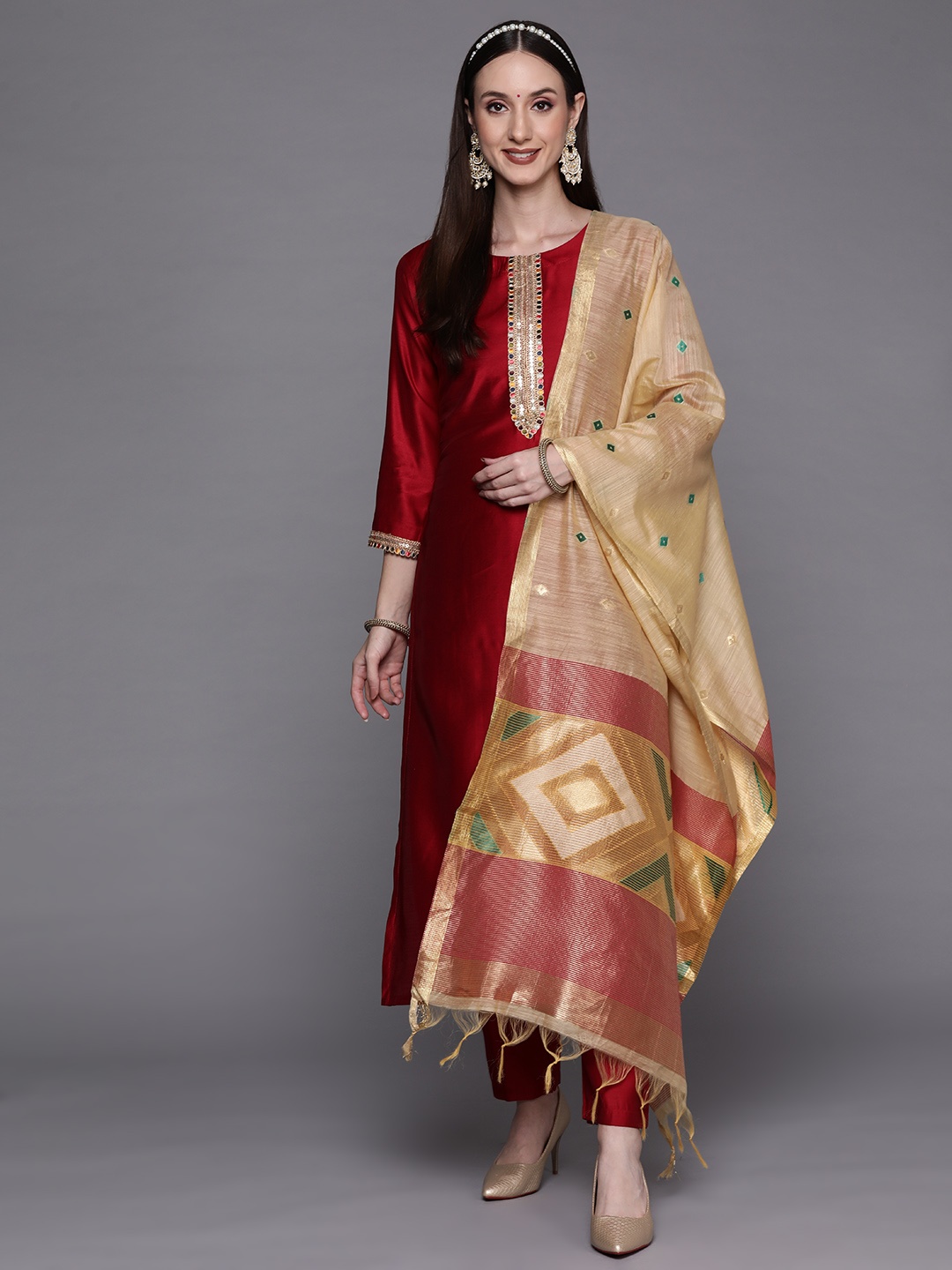 

Indo Era Women Red Ethnic Motifs Yoke Design Liva Kurta with Trousers & Dupatta