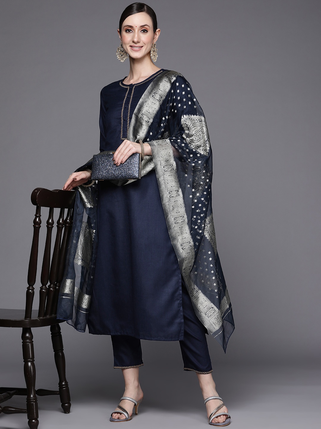 

Indo Era Women Navy Blue Embroidered Detail Kurta with Palazzos & Dupatta