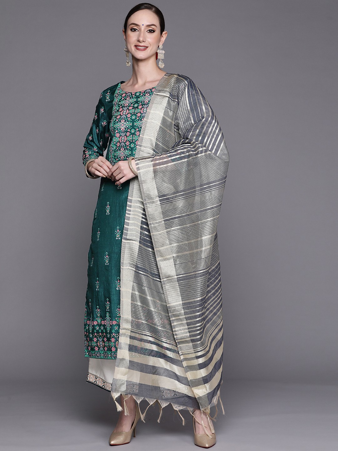 

Indo Era Women Teal Green & White Ethnic Motifs Printed Kurta with Palazzos & Dupatta