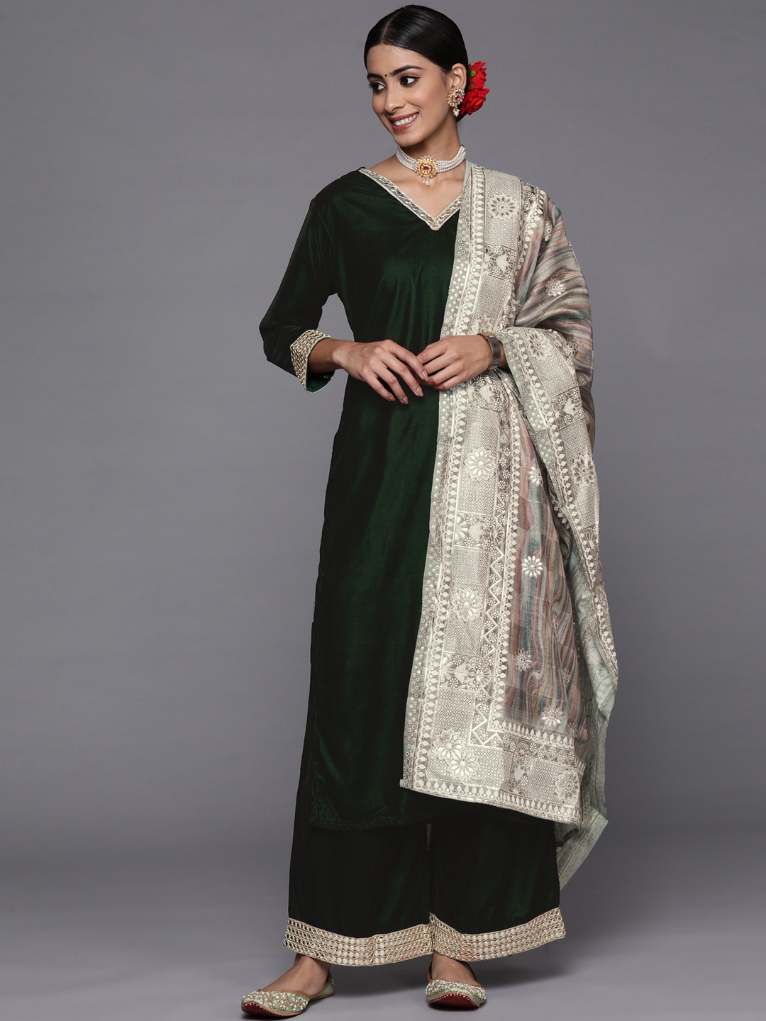 

Indo Era Women Green Velvet Kurta with Palazzos & With Dupatta