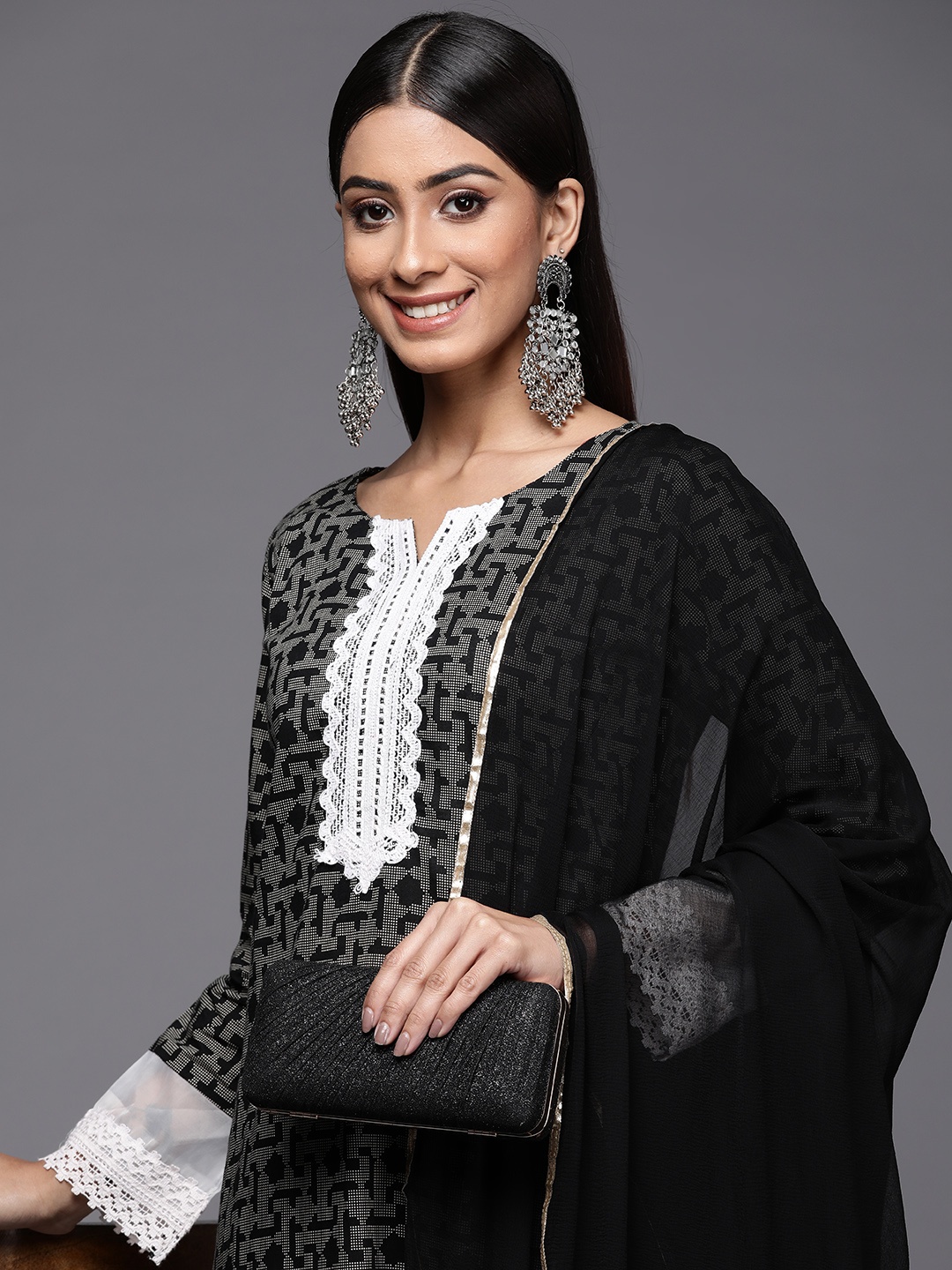 

Indo Era Women Black Printed Pure Cotton Kurta with Trousers & With Dupatta