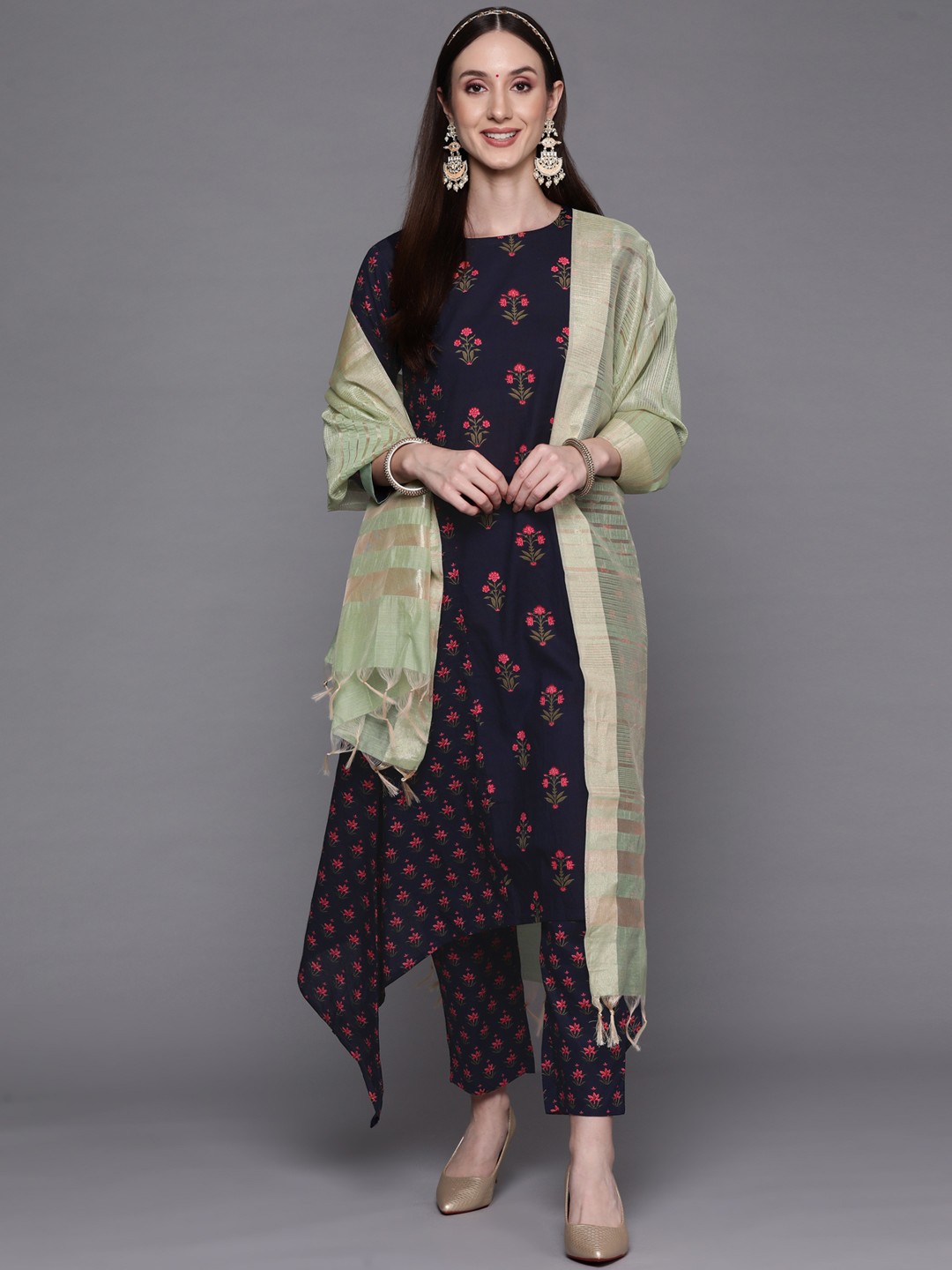 

Indo Era Women Navy Blue Floral Printed Panelled Pure Cotton Kurta with Trousers & With Dupatta