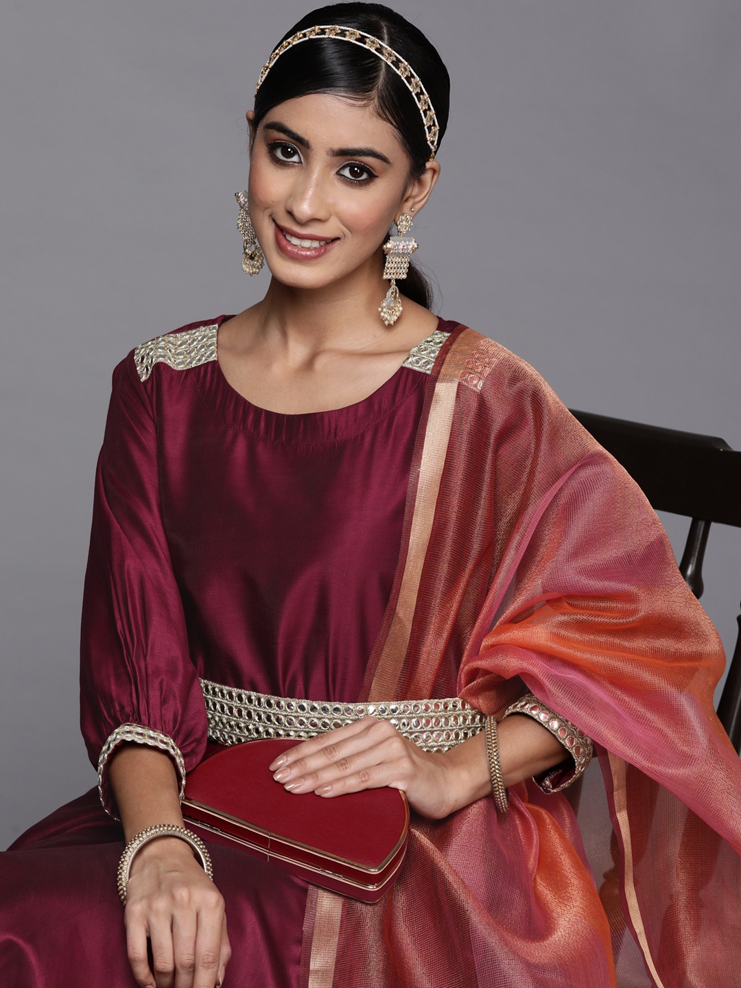 

Indo Era Women Purple & Gold-Toned Embroidered Mirror Work Liva Anarkali Kurta