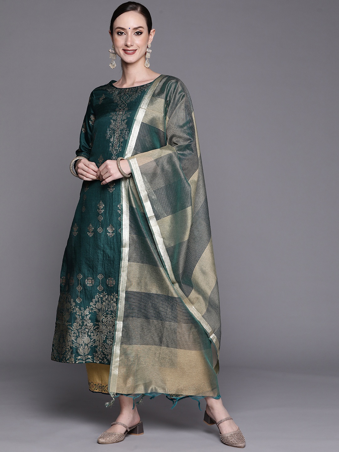 

Indo Era Women Teal Green & Beige Ethnic Motifs Printed Kurta with Palazzos & Dupatta