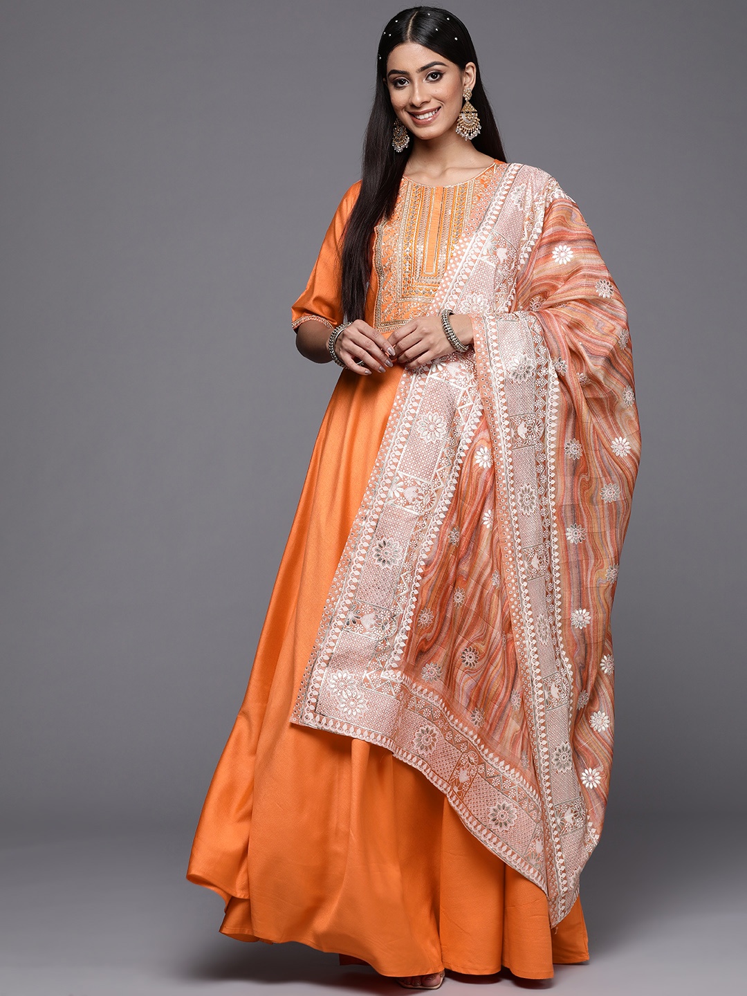 

Indo Era Women Orange Yoke Design Liva Kurta